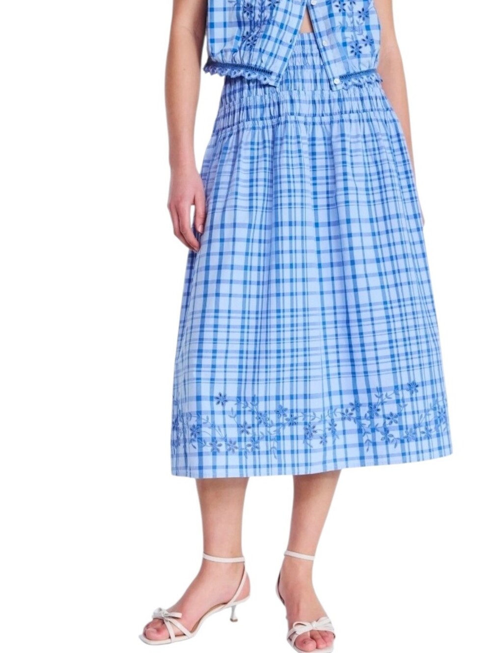 Free Assembly Smocked Blue Plaid Embroidered Midi Skirt XXL 20 Cotton
